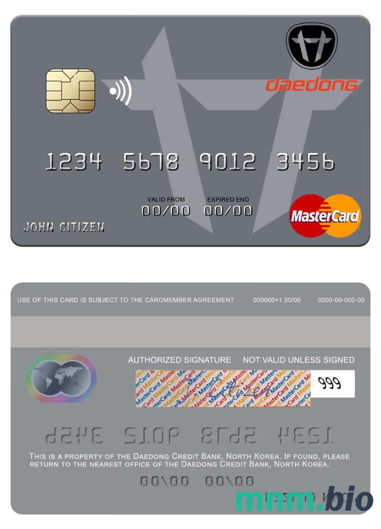 North Korea Daedong Credit Bank przykład karty mastercard w formacie PSD